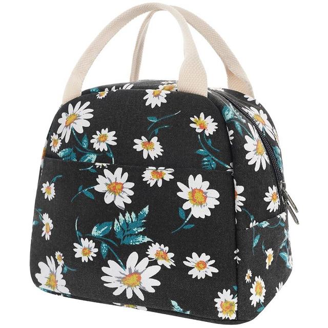 EurCross Women's Lunch Bags for Work with Chic Floral Daisy Pattern,Canvas Stylish and Insulated Black Lunch Tote Bento box Bag Carrier of On-the-Go Storage