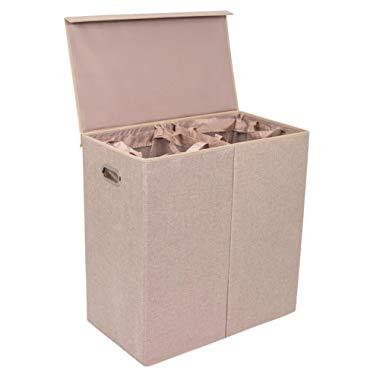 BirdRock Home Double Laundry Hamper with Lid and Removable Liners - Linen - Easily Transport Laundry - Foldable Hamper - Cut Out Handles