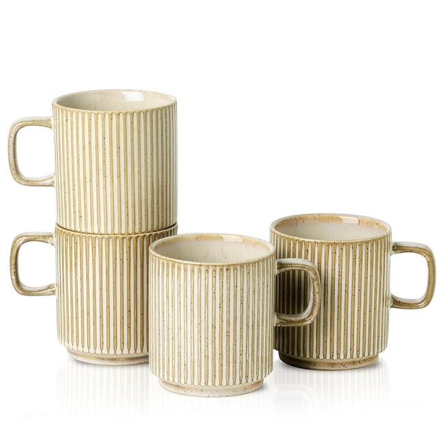 Seyatoo Coffee Mugs Set of 4, Ceramic Ribbed Tea Coffee Cups with Handle, Large Porcelain Mug for Americano, Latte, Cappuccino, Hot Chocolate, Brown