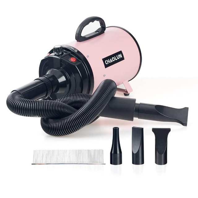 CHAOLUN Dog Dryer, High Velocity Professional Pet Grooming Dryer with Heater, Adjustable Speed Dog Blow Dryer, 3 Nozzles and a Comb, Pink (2400W)