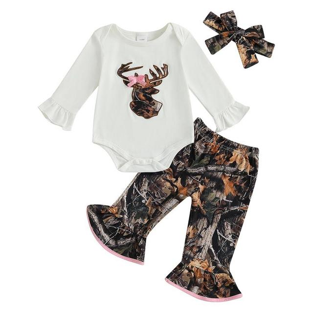 DSOKUHIB Newborn Baby Girl Hunting Clothes Deer Long Sleeve Romper Jungle Camo Flare Pants Set 3 Piece Fall Winter Outfit