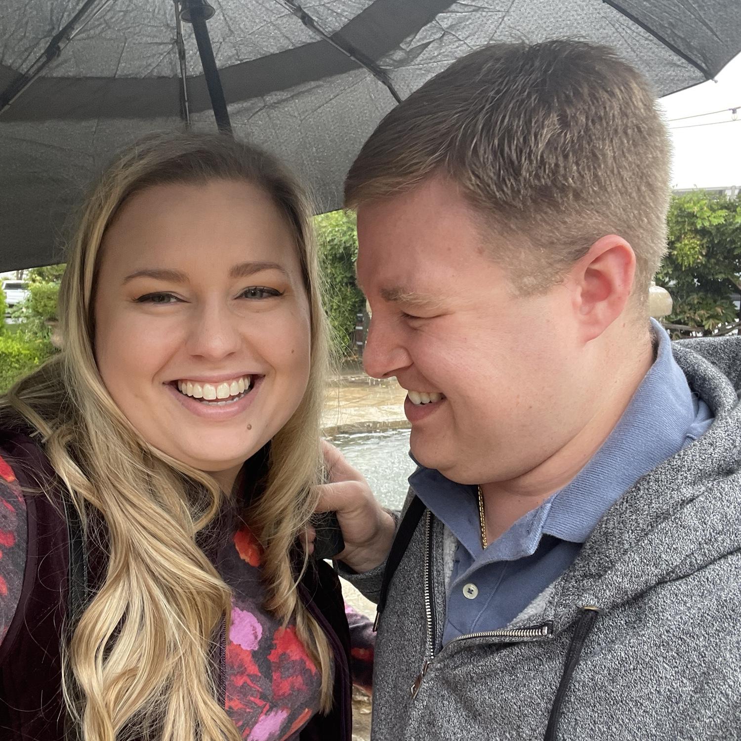 Laughs and smiles in the rain.
