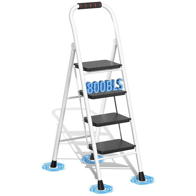 4 Step Ladder, Folding Step Stool with Wide Anti-Slip Pedal & Thick Rubber Feet, Handrail, Safe-Lock Design, Folding Portable Ladder for Multi-Purpose, 800lb, White