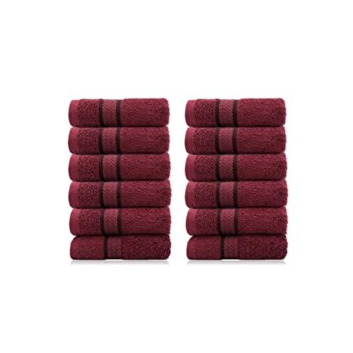 COTTON CRAFT - 12 Pack - Ultra Soft Extra Large Wash Cloths 12x12 Burgundy - 100% Pure Ringspun Cotton - Luxurious Rayon Trim - Ideal for Daily Use - Each Towel Weighs 2 Ounces