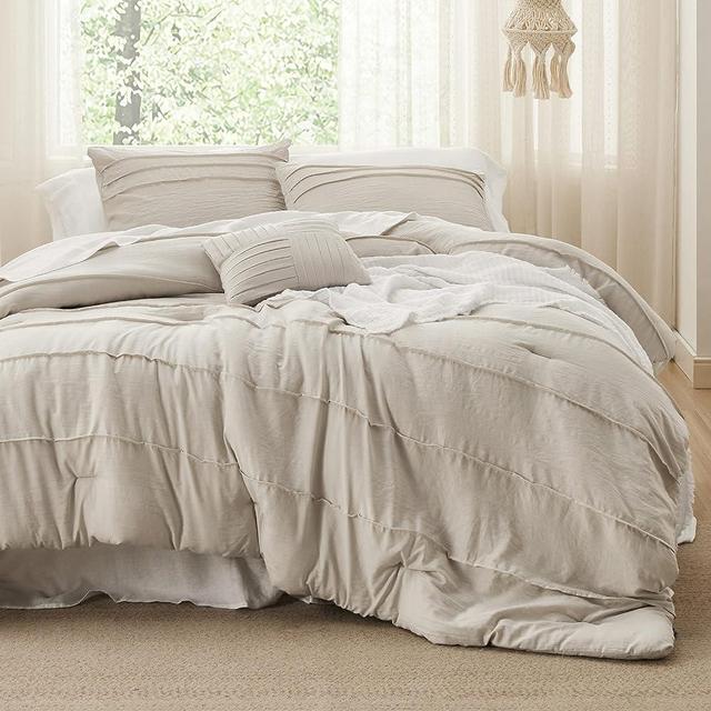 Bedsure Beige Full Size Comforter Set - 4 Pieces Pinch Pleat Bed Set, Down Alternative Warm Bedding Sets for All Season, Includes 1 Comforter, 2 Pillowcases, and 1 Decorative Pillow