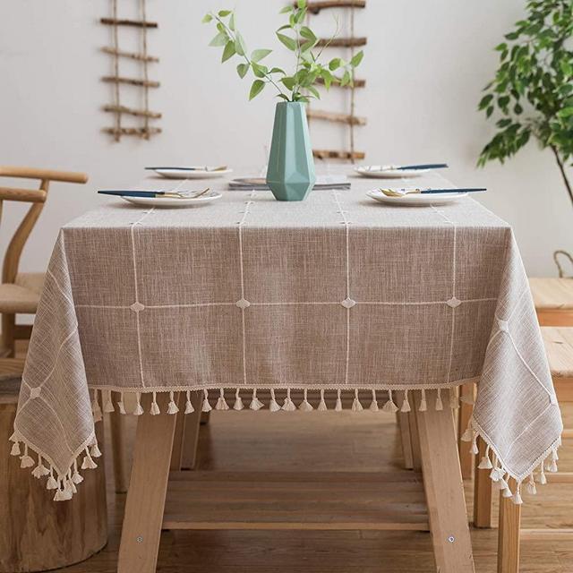 smiry Embroidery Tassel Tablecloth - Cotton Linen Dust-Proof Table Cover for Kitchen Dining Room Party Home Tabletop Decoration (Square, 55 x 55 Inch, Beige)