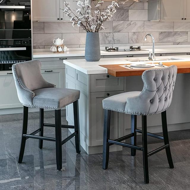 i-POOK Counter Height Bar Stools Set of 2, Velvet Upholstered Barstools with Solid Wood Legs, Button Tufted and Nailheads Trim, Wing-Back Bar Chairs for Kitchen Island Dining Room Pub, Gray