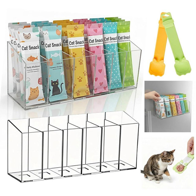 Rubierine 2 Pack Lickable Cat Treats Organizer with 2 Feeder Spoons, Wall Mount & Countertop Acrylic Treat Storage Holder, Wet Cat Treat holder with 8 Adhesive Stickers for Pantry Cabinet Fridge