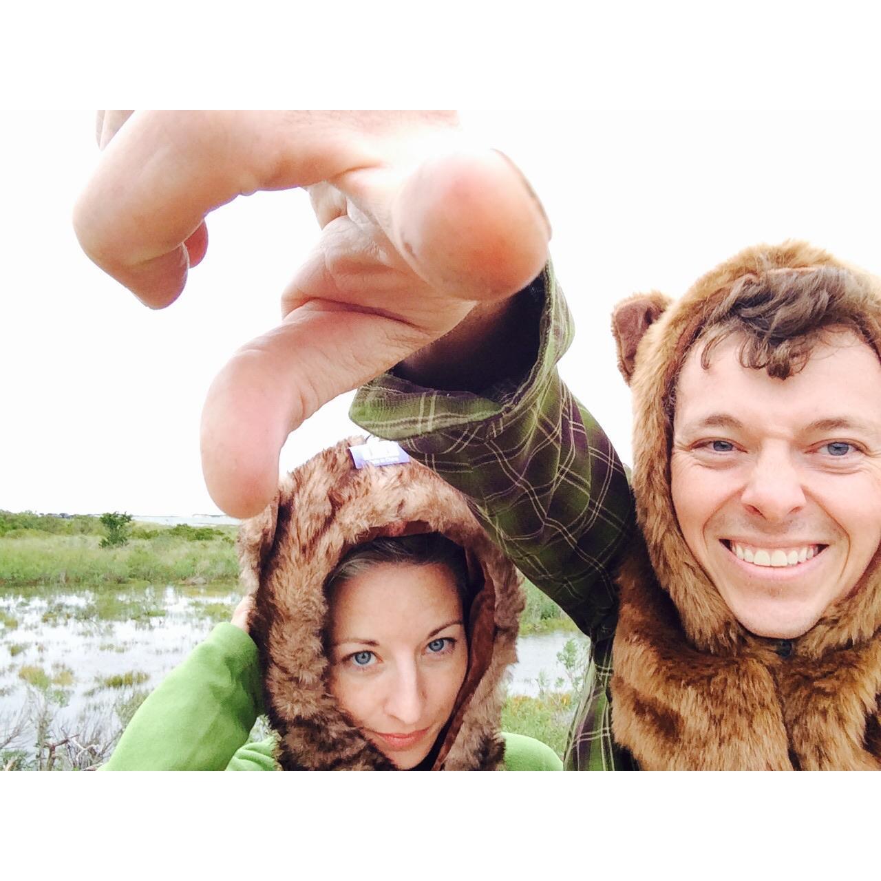 Playing with bear hats near Montauk, NY