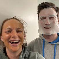 Laughing hysterically during a self care Sunday, Erics first sheet mask