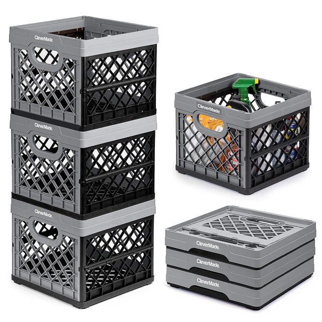 CleverMade Collapsible Milk Crate, Stone, 3PK - 25L (6 Gal) Stackable Storage Bins, Holds 50lbs Per Bin - Clevercrates are Heavy Duty, Plastic Collapsible Storage Crate for Multi Purposes