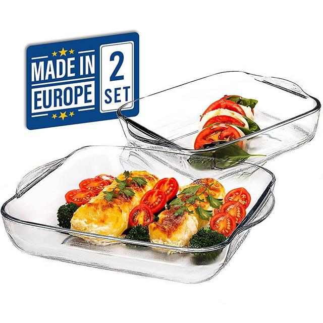 CRYSTALIA Glass Baking Dish for Oven, Casserole Dish, Square Baking Trays for Oven, Borosilicate Glass for Baking, Set of 2 PCs
