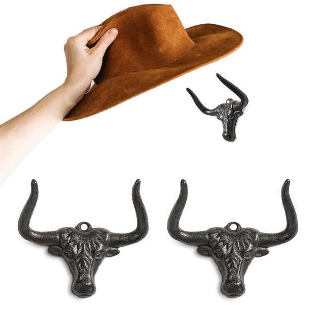 HYDERMUS Cowboy Hat Rack for Wall 2 Pack Modern Cast Iron Cowboy Hat Holder Cowgirl Hat Hanger Western Wall Decor Longhorn Hooks Decorative Wall Haooks for Storage and Organization at Closet Bedroom