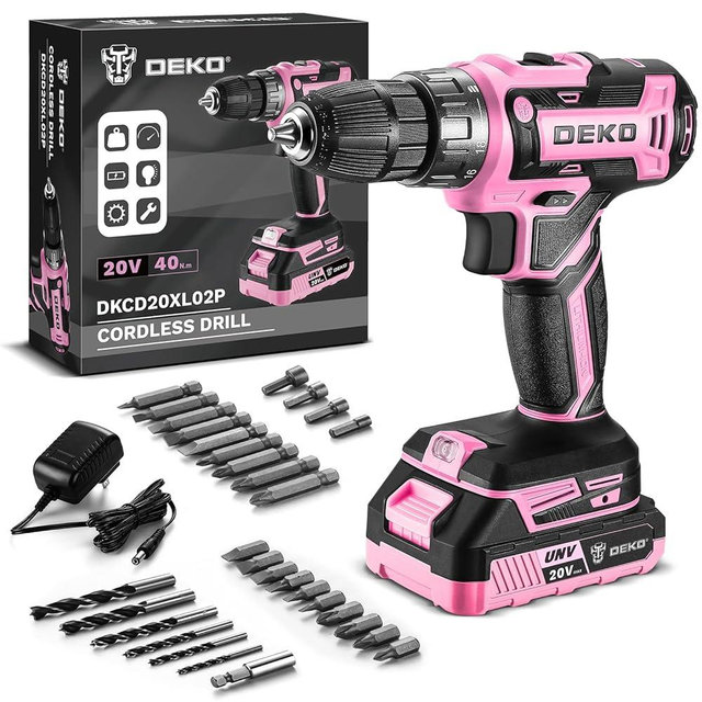 Power Drill Cordless: DEKO PRO Pink Cordless Drill 20V Electric Power Drill Set Tool for Women Drills Cordless with Battery and Charger Drill Driver 20 Volt Drill Driver Kit