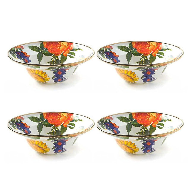 MACKENZIE-CHILDS Enamel Breakfast and Soup Bowl, Dinnerware, White Flower Market, Set of 4