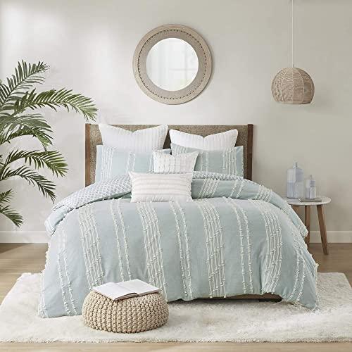 INK+IVY 100% Cotton Comforter Set, Clipped Jacquard Design Diamond Print All Season Down Alternative Cozy Bedding with Matching Shams, Full/Queen(88"x92"), Kara, Aqua Reversable Stripes 3 Piece