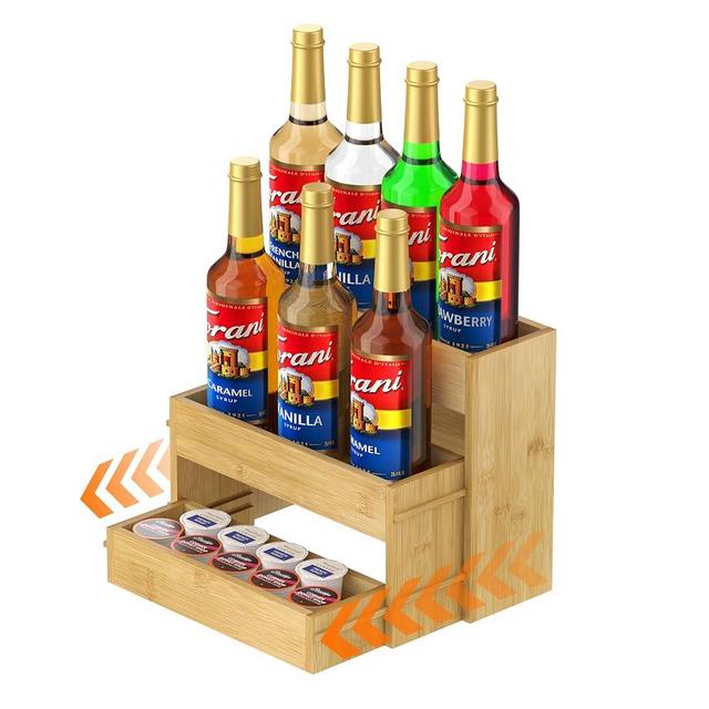 SHILFID Coffee Syrup Organizer Rack,3 Tier Bamboo Pull-Out Syrup Bottle Holder Stand for Coffee Bar,10 Bottles Storage Stand for Syrup, Wine, Dressing for Kitchen Coffee Station.