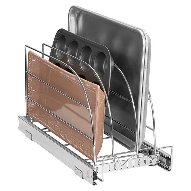 Pull Out Organizer Rack for Bakeware - Sliding Kitchen Cabinet Organizers and Storage Rack for Cutting Boards, Baking Pans, Cupcake Pans and More 8.5” W x 21” D x 10.63” H Heavy Duty, Chrome