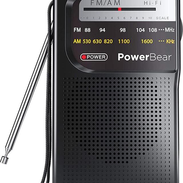 PowerBear Portable Radio | AM/FM, 2AA Battery Operated with Long Range Reception for Indoor, Outdoor & Emergency Use | Radio with Speaker & Headphone Jack (Black)