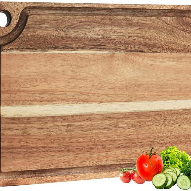 AZRHOM Large Acacia Wood Cutting Board For Kitchen, Butcher Block For Meat And Cheese, Chopping Board With Hanging Hole And Groove 18x12 Inch