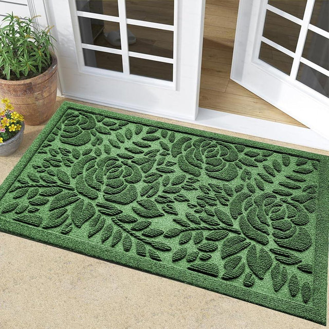 Bulijojo Front Door Mat Entrance,Durable Heavy Duty Welcome Mat,Thick Absorbent Natural Rubber Non Slip Mat,Sturdy Entryway Green Flower, 17x30