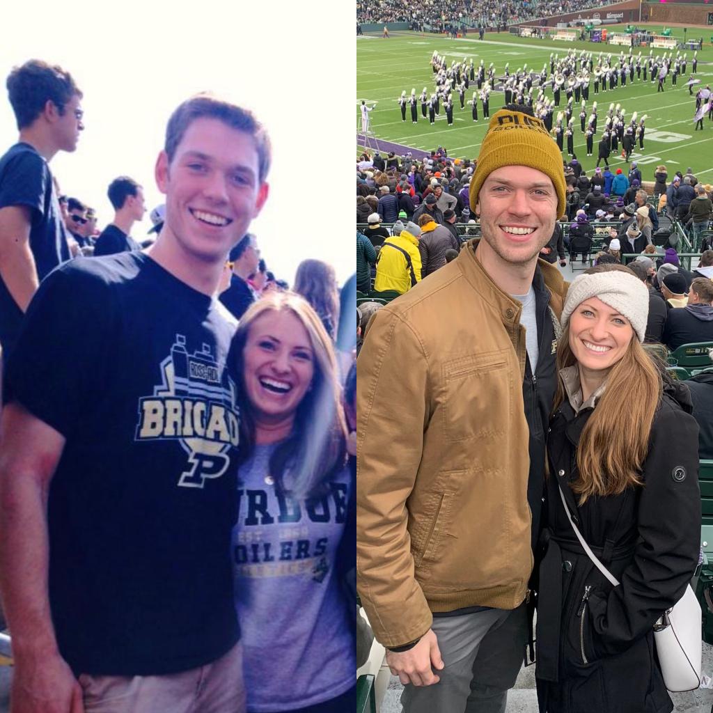 Left - 2013, our first picture together at the Purdue homecoming game. Right - 2021, Purdue / Northwestern game at Wrigley, a month after we got engaged
