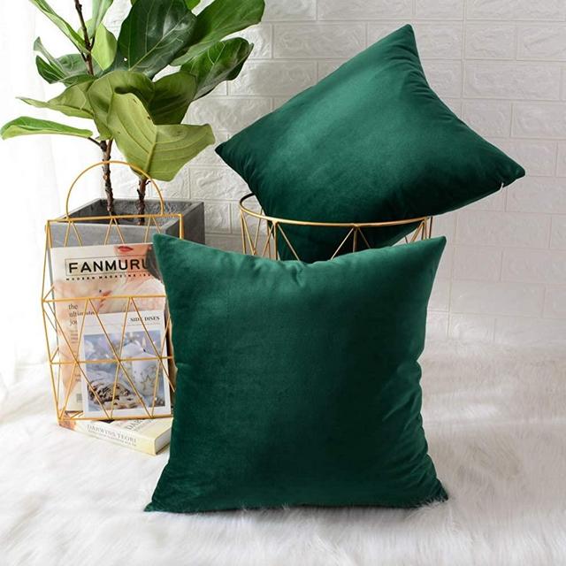 MERNETTE New Year/Christmas Decorations Velvet Soft Decorative Square Throw Pillow Cover Cushion Covers Pillowcase, Home Decor for Party/Xmas 16x16 Inch/40x40 cm, Dark Green, Set of 2