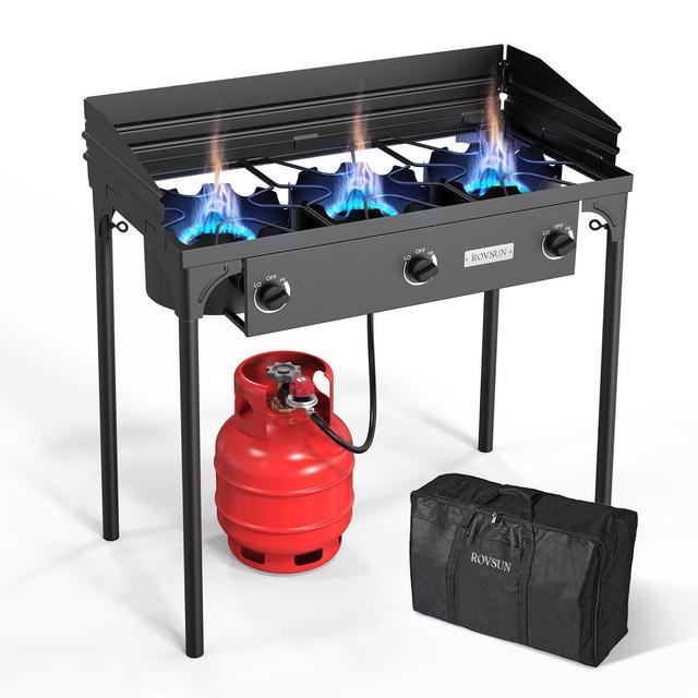 ROVSUN 3 Burner Portable Gas Stove with Windscreen & Bag, 225000 BTU Outdoor Propane Burner with Regulator, Camping Cooker for Cooking Home Brewing