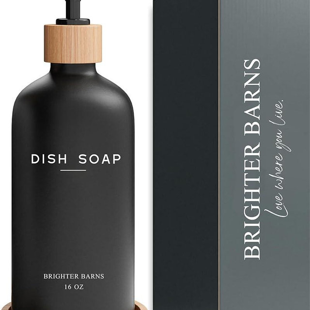 Black Glass Dish Soap Dispenser for Kitchen Sink by Brighter Barns - Matte Black Kitchen Soap Dispenser Set with Tray- Bamboo Soap Dispenser with Pump - Black Kitchen Decor, Modern Home Decor (Black)