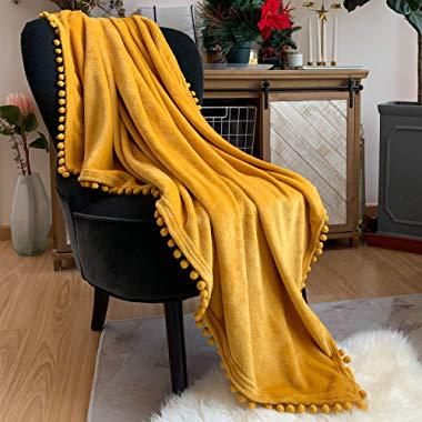 LOMAO Flannel Blanket with Pompom Fringe Lightweight Cozy Bed Blanket Soft Throw Blanket fit Couch Sofa Suitable for All Season (51x63) (Mustard Yellow)