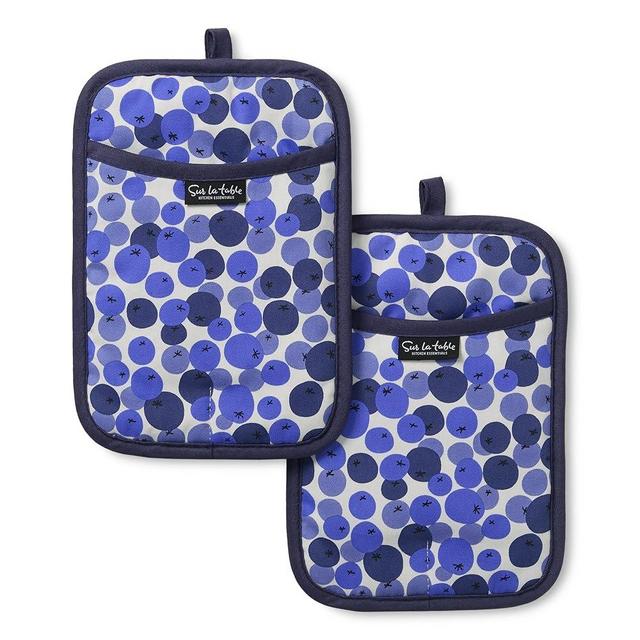 SUR LA TABLE Kitchen Essentials Fresh Blueberries Fruit Potholder 2-Pack Set, Heat Resistant, 100% Cotton, Flexible Non-Slip Silicone Grip, Blue/White, 7"x10"