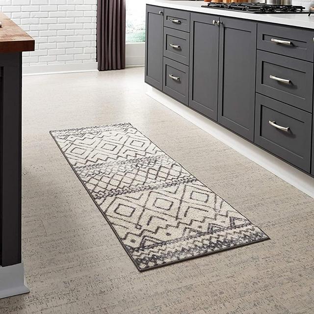 Maples Rugs Abstract Diamond Modern Distressed Non Slip Runner Rug For Hallway Entry Way Floor Carpet [Made in USA], 2 x 6, Neutral