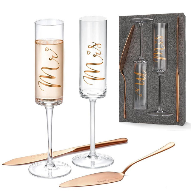 ROXBURGH Wedding Cake Knife and Server Set, Rose Gold Wedding Champagne Flutes, Bride and Groom Champagne Flutes Toasting Glasses Engraved Mr and Mrs, Cake Cutting Set for Wedding Engagement Gifts
