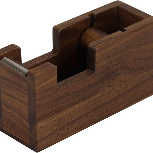 Buqoo Walnut Wood Tape Dispenser with Built-in Pen Holder – All-in-One Desk Organizer for Office/Home School