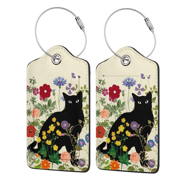 Black Cat Flower Luggage Tags 2 Pack PU Leather Luggage Tag for Suitcase Travel Bag Women Men with Privacy Cover ID Label Stainless Steel Loop