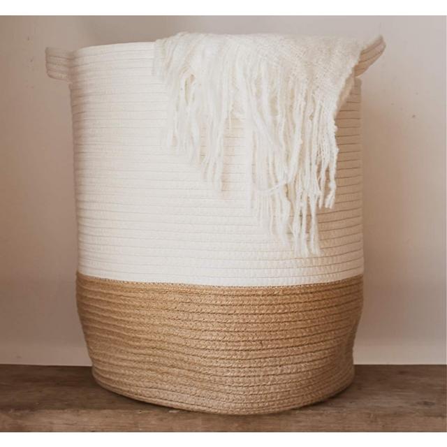 GooBloo - Extra Large Woven Storage Baskets | 18" x 14" Decorative Blanket Basket, Use For Sofa Throws, Pillows, Towels, Toys or Nursery | Cotton Rope Organizer | Coiled Round White Laundry Hamper with handles.