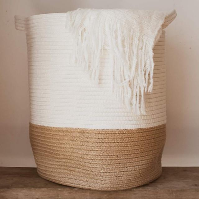 GooBloo - Extra Large Woven Storage Baskets | 18" x 14" Decorative Blanket Basket, Use For Sofa Throws, Pillows, Towels, Toys or Nursery | Cotton Rope Organizer | Coiled Round White Laundry Hamper with handles.