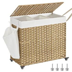 SONGMICS Laundry Hamper with Lid, 42.3 Gallons (160 L), Rolling Laundry Basket with Wheels, 3-Section Synthetic Rattan, Removable Liner, Bedroom, 27.6 x 14.2 x 26 Inches, Natural ULCB365N01
