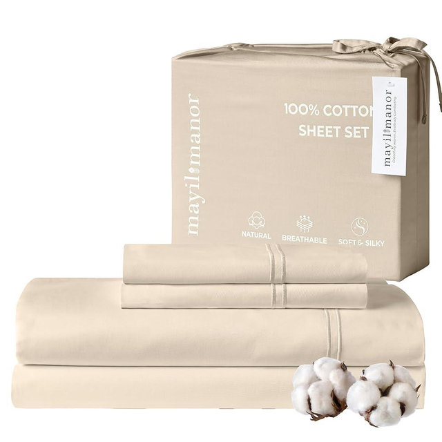 Mayil Manor 100% Natural Cotton Sheets Queen Size Bed Set | 500 TC Single-Ply Sateen Weave | Breathable & Hypoallergenic Solid 4-Piece Bedding with Deep Pocket Fitted, Flat, Pillowcase | Cream Beige