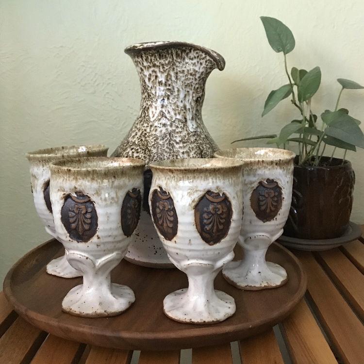 Vintage Pottery Carafe Set with 3 Goblets and Teak Tray