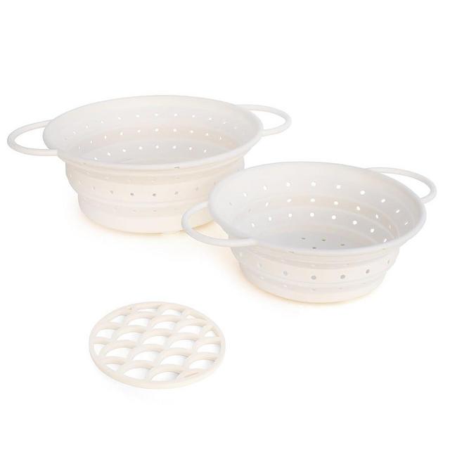 2 Collapsible Round Colanders with Handles and Trivet Mat for Hot Pots & Pans - Versatile Kitchen Set for Straining, Draining, and Heat Protection. Durable Silicone, Food Safe, Heat Resistant