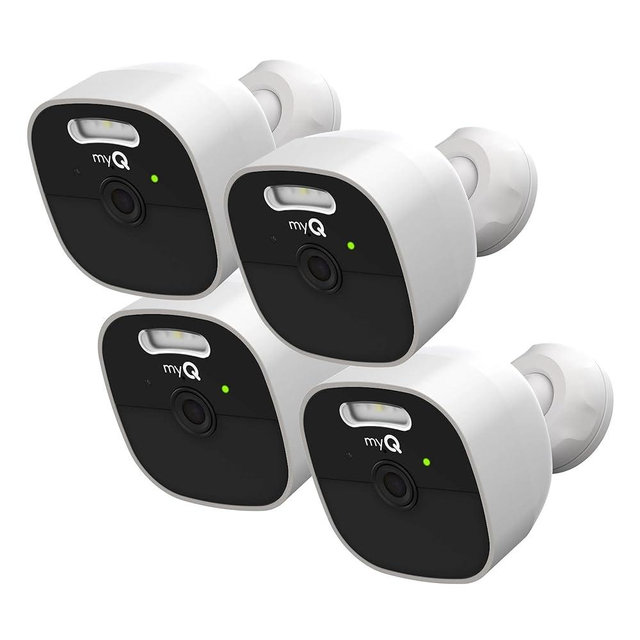 myQ Outdoor Battery Camera | 2K Camera, Color Night Vision, Spotlight, Motion Alerts, Live View with Two-Way Talk, Wireless, Weather-Resistant, Outdoor, White, 4 Pack