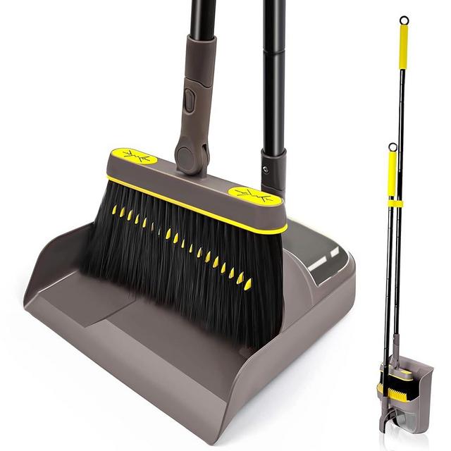 JEHONN Broom with Dustpan Combo Set, Long Handle Lightweight 180 Degree Rotating Sweeping Brush Indoor, Upright Standing Dust Pan with Comb Teeth for Home Room Kitchen Office Lobby (Brown Yellow)