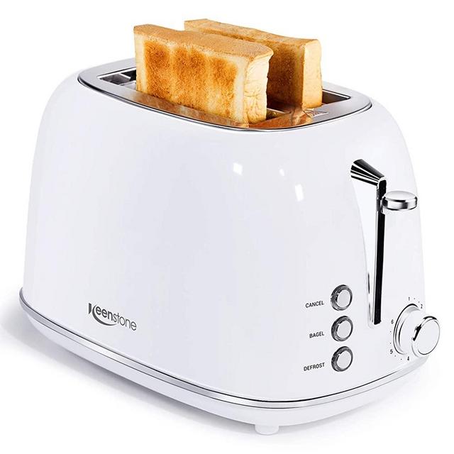 Toaster 2 Slice, Keenstone Stainless Steel Retro Toaster with Bagel Function, Wide Slots, Crumb Tray, White