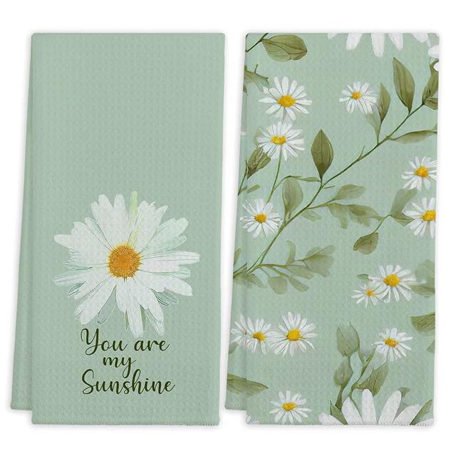 Spring Summer You Are My Sunshine Daisy Wildflowers Olive Green Kitchen Tea Towels, 16 X 24 Inches Set of 2 Cotton Dish Towels Dishcloths, Dish Cloth Flour Sack Hand Towel for Farmhouse Kitchen Decor