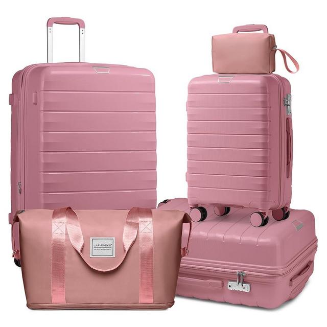 LARVENDER Luggage Sets 5 Piece with Duffel Bag Expandable(Only 28 inch) Hardside PP carry on luggage with 360° Spinner Wheels TSA Lock for Men Women, Pink