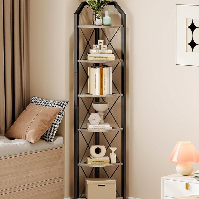 CHOEZON 6-Tier Corner Shelf, Industrial Corner Bookshelf, 71.2" Corner Storage Stand, Plant Stand Display Shelf, Corner Bookcase for Bedroom, Living Room, Home Office, Greige and Black TCJ11BG