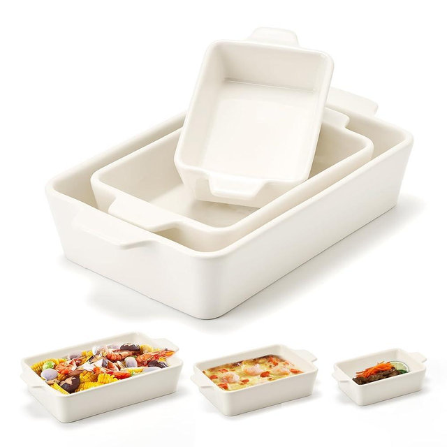 Jemirry Ceramic Baking Dish Set of 3, Casserole Dishes for Oven, Square Porcelain Bakeware Set with Handles, Lasagna Baking pan for Cooking, Perfect for Baking and Serving, Housewarming, Halloween, Thanksgiving, Christmas, New Year-White