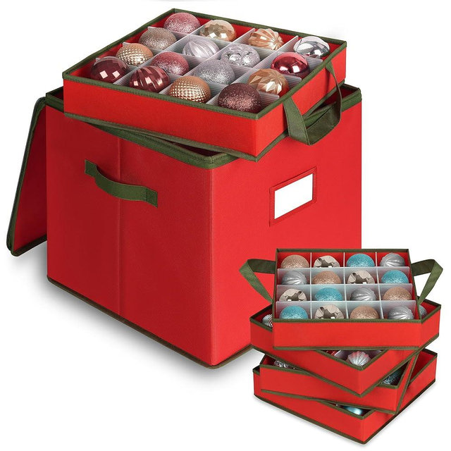 Merkisa Christmas Ornament Storage Box, Ornament Storage Include 4 Trays with Adjustable Dividers, Ornament Organizer with Handle Store Up to 64 Holiday Ornaments, Red