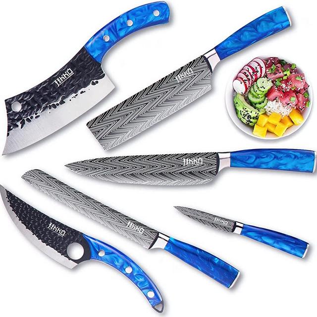 Jikko New 67 Layers High Carbon Steel Japanese Knife Set - DiamondRazor Series - Kitchen Knife Set with Ocean Blue Handles - 6 Japanese Chef's Knives with Exceptional Sharpness - HRC60 Approved